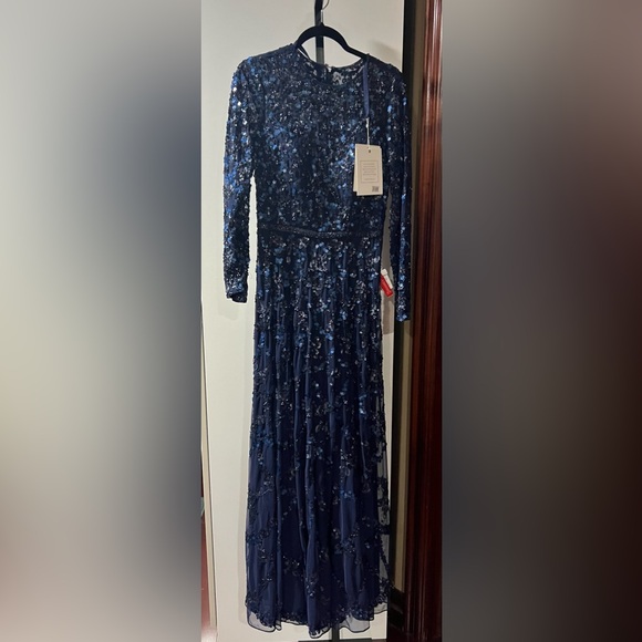 Lattice sequined illusion neckline long sleeve A-line gown - Picture 5 of 10